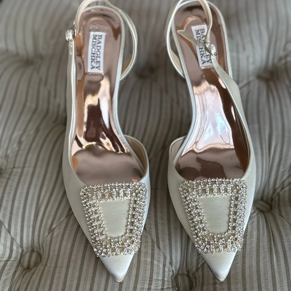 Badgley Mischka Ivory Satin Slingback Pumps with Crystal Buckle - Picture 9 of 12